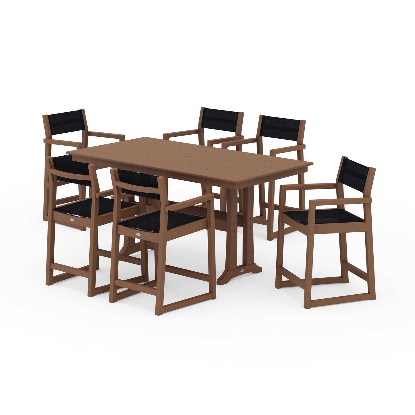 POLYWOOD EDGE Sling Arm Chair 7-Piece Farmhouse Counter Set with Trestle Legs — Teak / Black Sling
