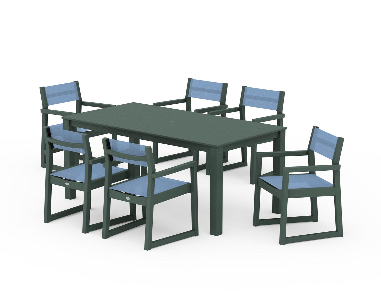 POLYWOOD EDGE Sling Arm Chair 7-Piece Parsons Dining Set — Green / Poolside Sling