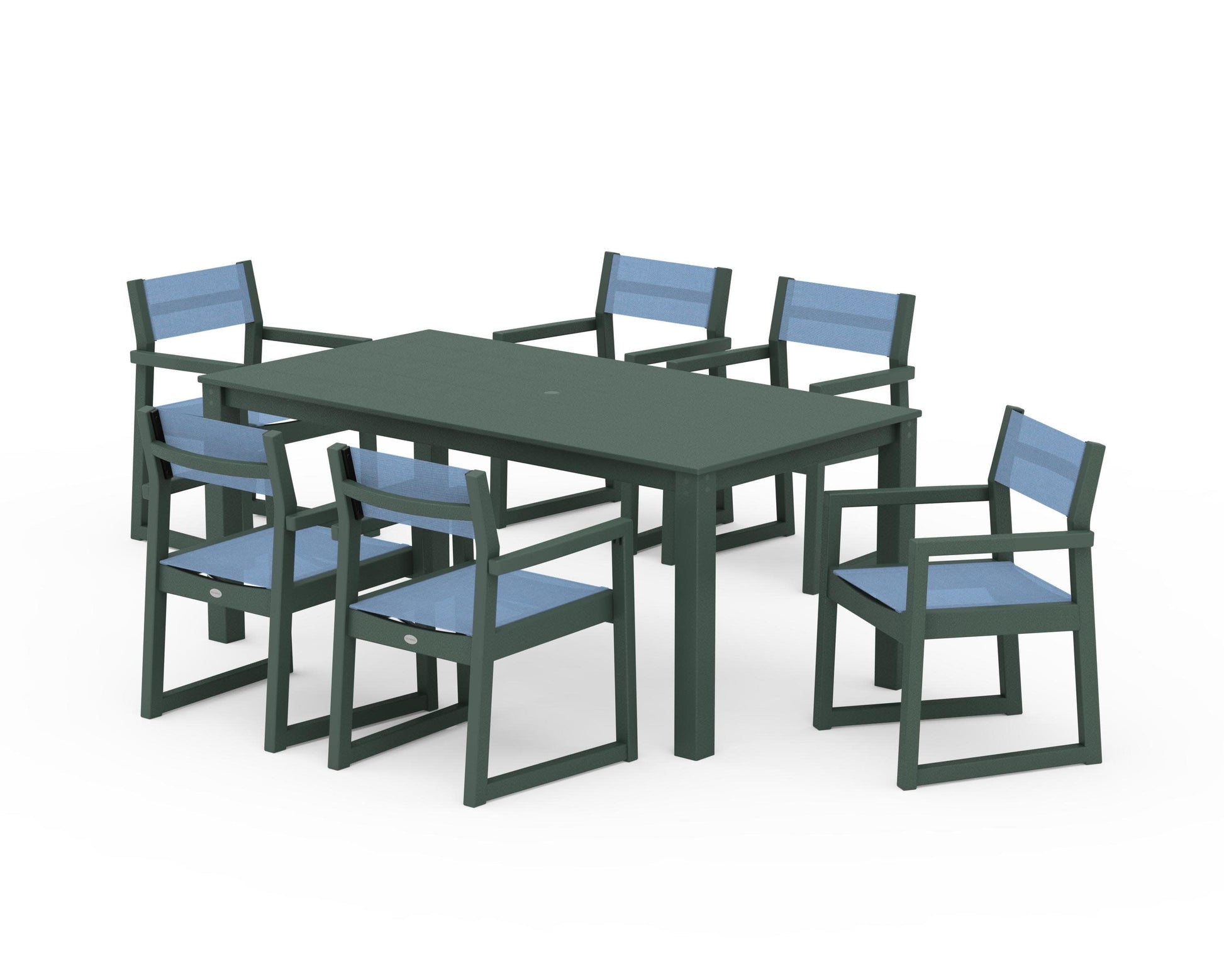 POLYWOOD EDGE Sling Arm Chair 7-Piece Parsons Dining Set — Green / Poolside Sling