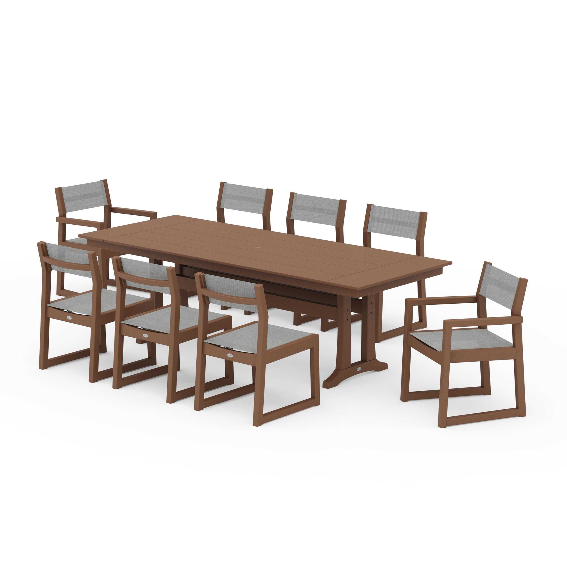 POLYWOOD EDGE Sling 9-Piece Farmhouse Trestle Dining Set — Teak / Metallic Sling