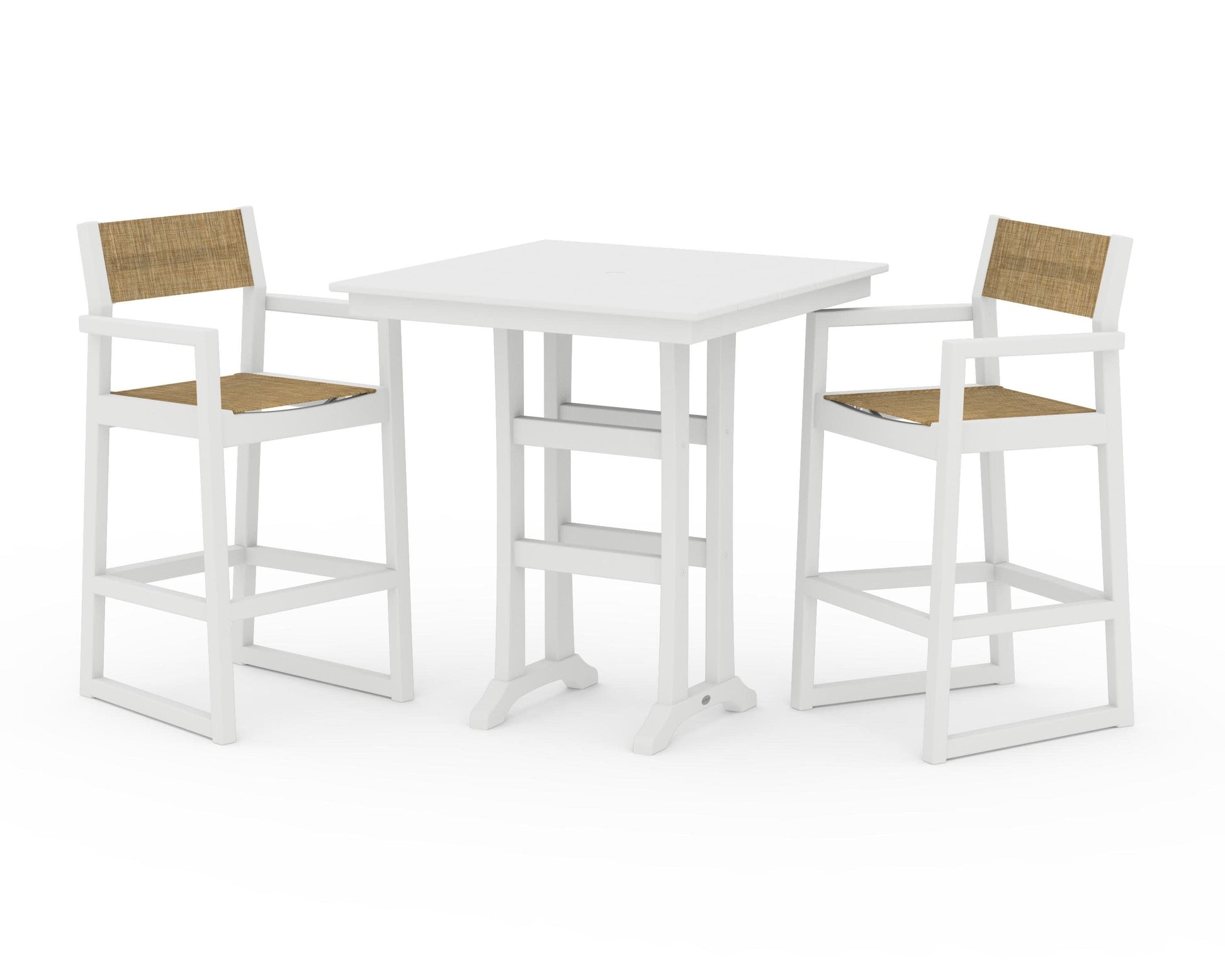 POLYWOOD EDGE Sling Arm Chair 3-Piece Farmhouse Bar Set with Trestle Legs — White / Burlap Sling
