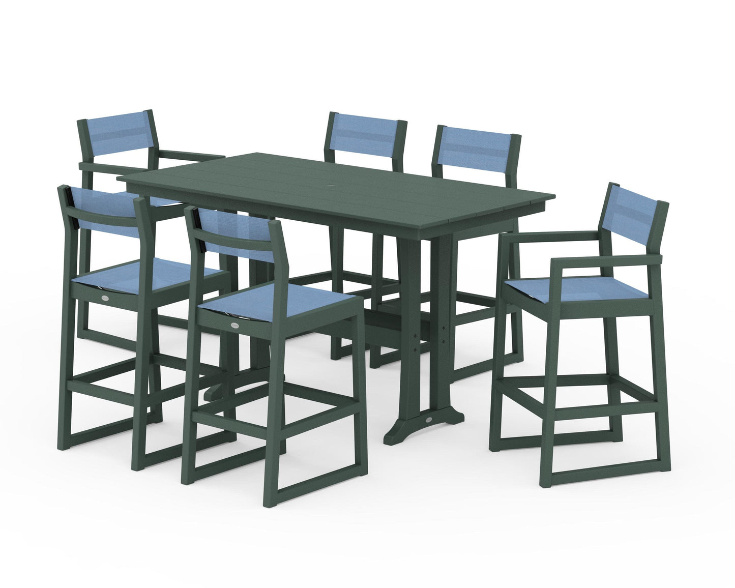 POLYWOOD EDGE Sling 7-Piece Farmhouse Bar Set with Trestle Legs — Green / Poolside Sling