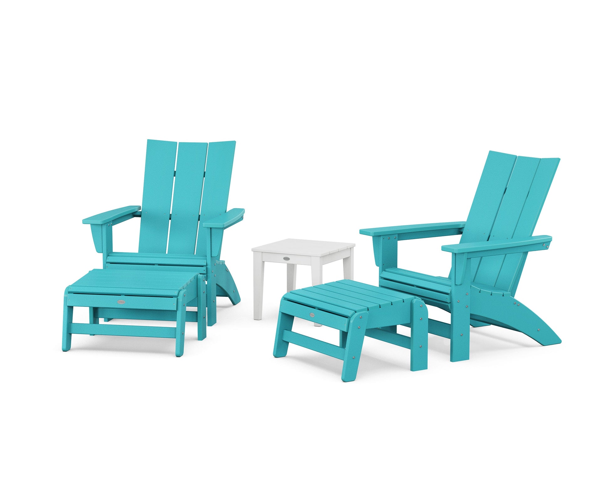 POLYWOOD 5-Piece Modern Grand Adirondack Set with Ottomans and Side Table — Aruba / White