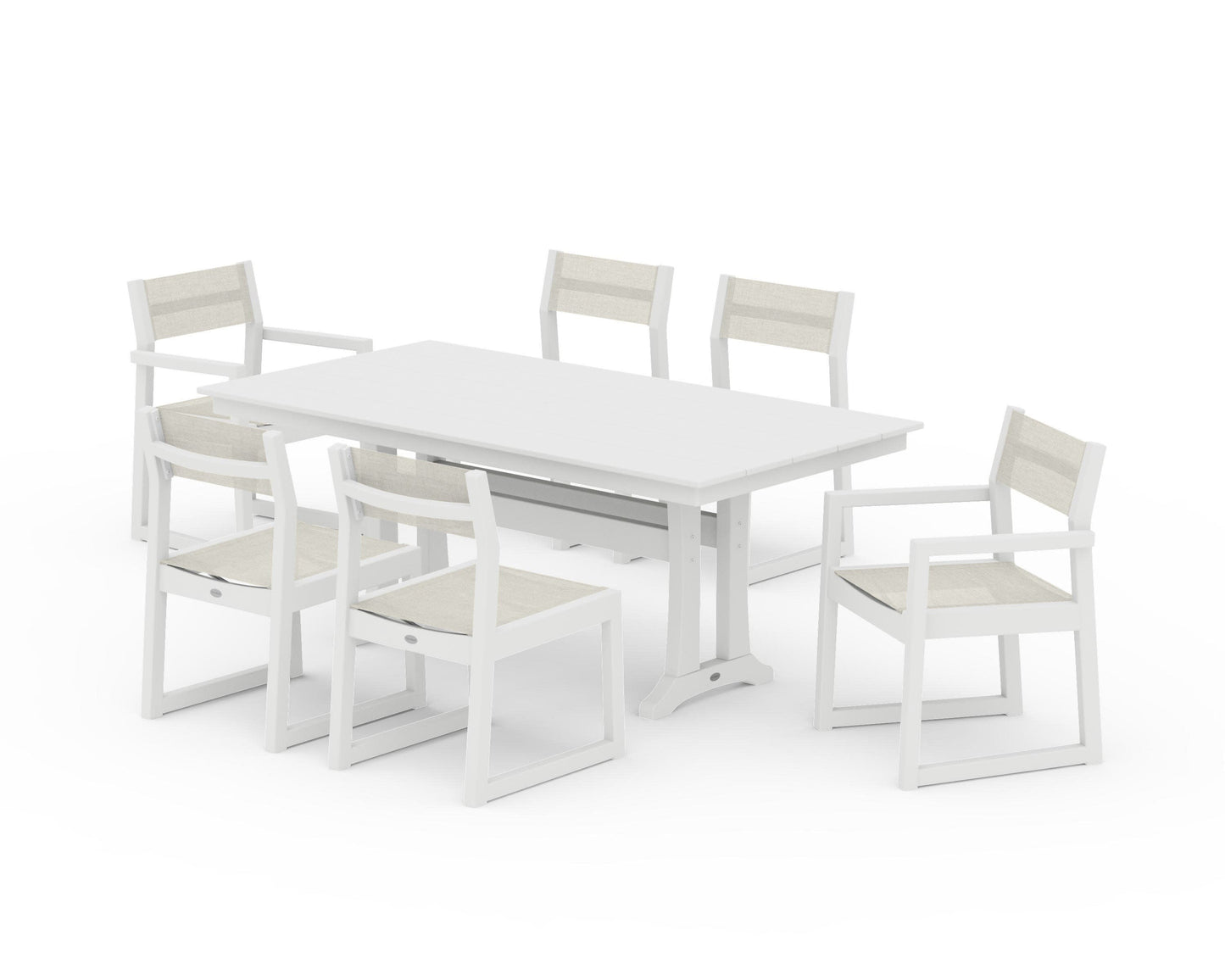POLYWOOD EDGE Sling 7-Piece Farmhouse Trestle Dining Set — White / Parchment Sling