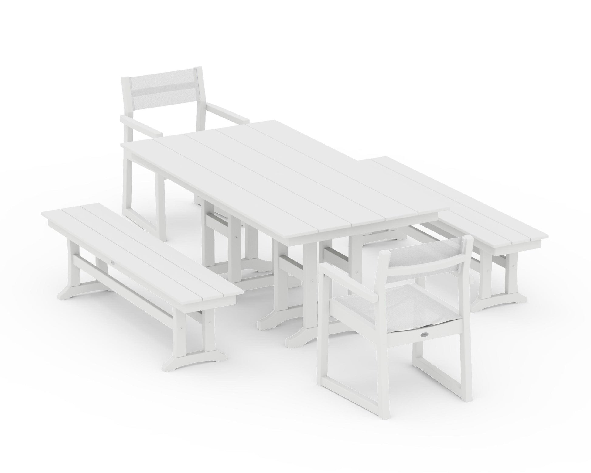 POLYWOOD EDGE Sling Arm Chair 5-Piece Farmhouse Dining Set with Benches — White / White Sling