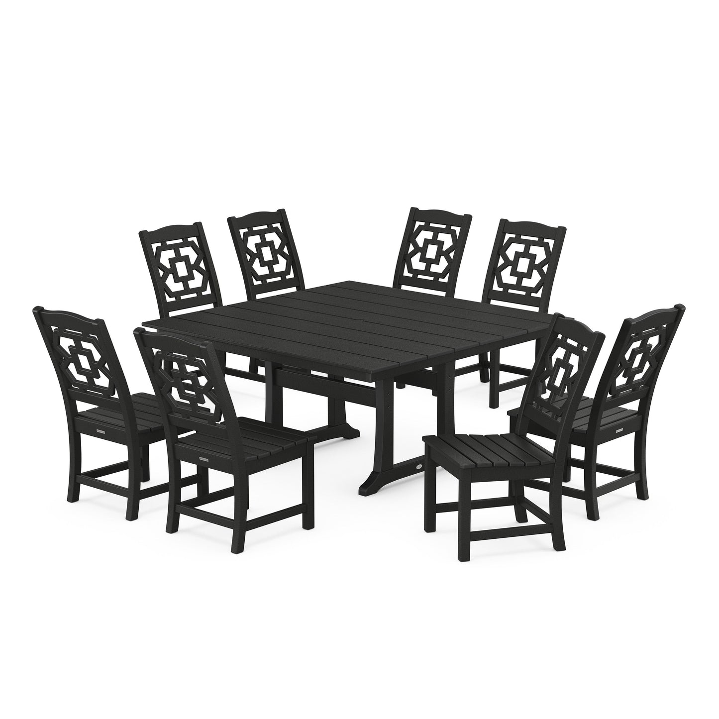 POLYWOOD Chinoiserie 9-Piece Square Farmhouse Side Chair Dining Set with Trestle Legs — Black