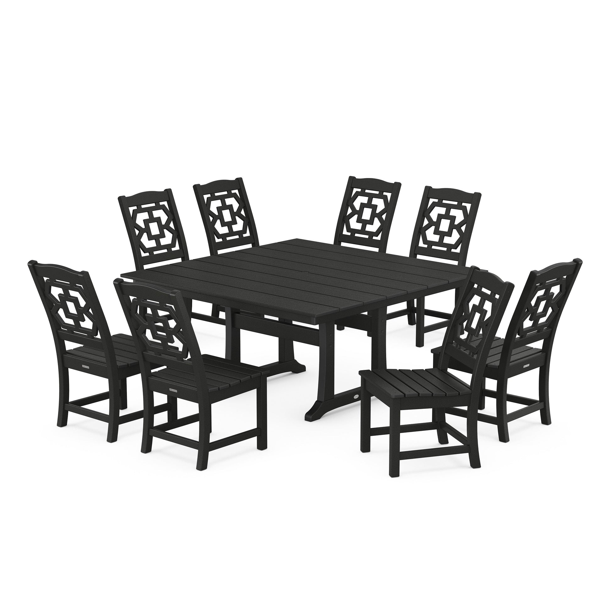 POLYWOOD Chinoiserie 9-Piece Square Farmhouse Side Chair Dining Set with Trestle Legs — Black