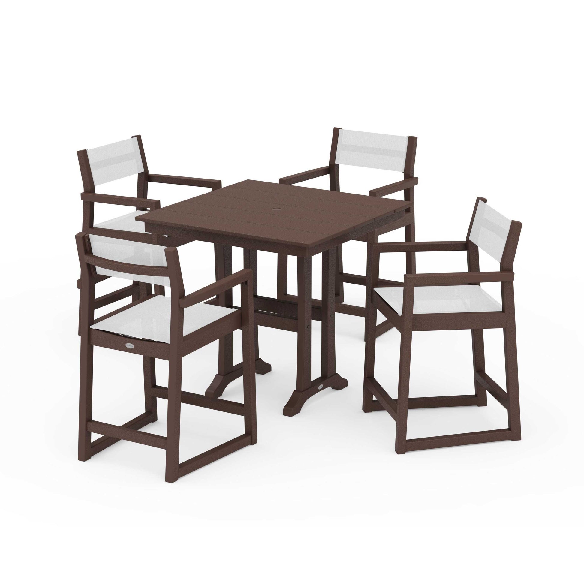 POLYWOOD EDGE Sling Arm Chair 5-Piece Farmhouse Counter Set with Trestle Legs — Mahogany / White Sling