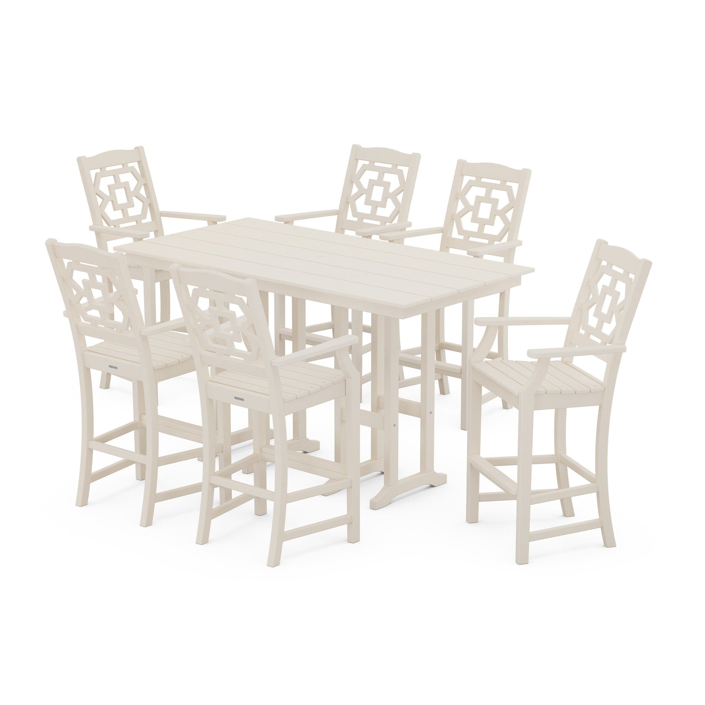 POLYWOOD Chinoiserie Arm Chair 7-Piece Farmhouse Bar Set — Sand