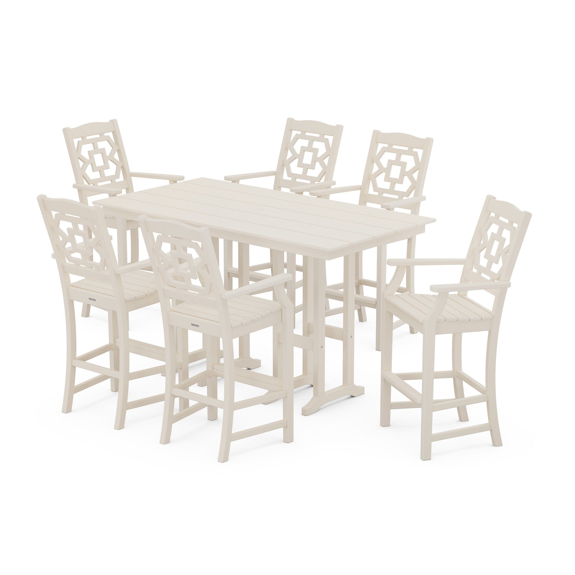 POLYWOOD Chinoiserie Arm Chair 7-Piece Farmhouse Bar Set — Sand