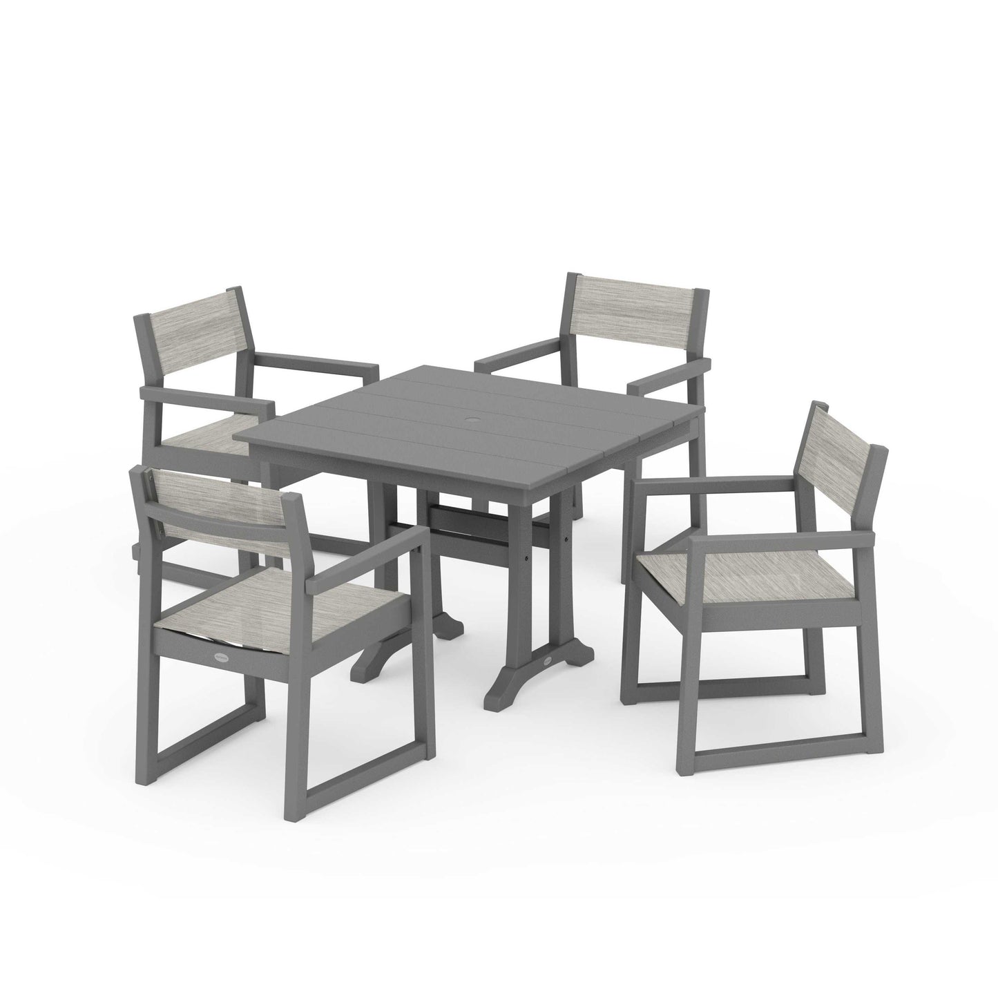 POLYWOOD EDGE Sling 5-Piece Farmhouse Dining Set with Trestle Legs — Slate Grey / Birch Sling