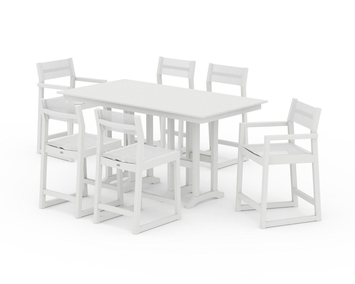 POLYWOOD EDGE Sling 7-Piece Farmhouse Counter Set with Trestle Legs — Vintage White / White Sling