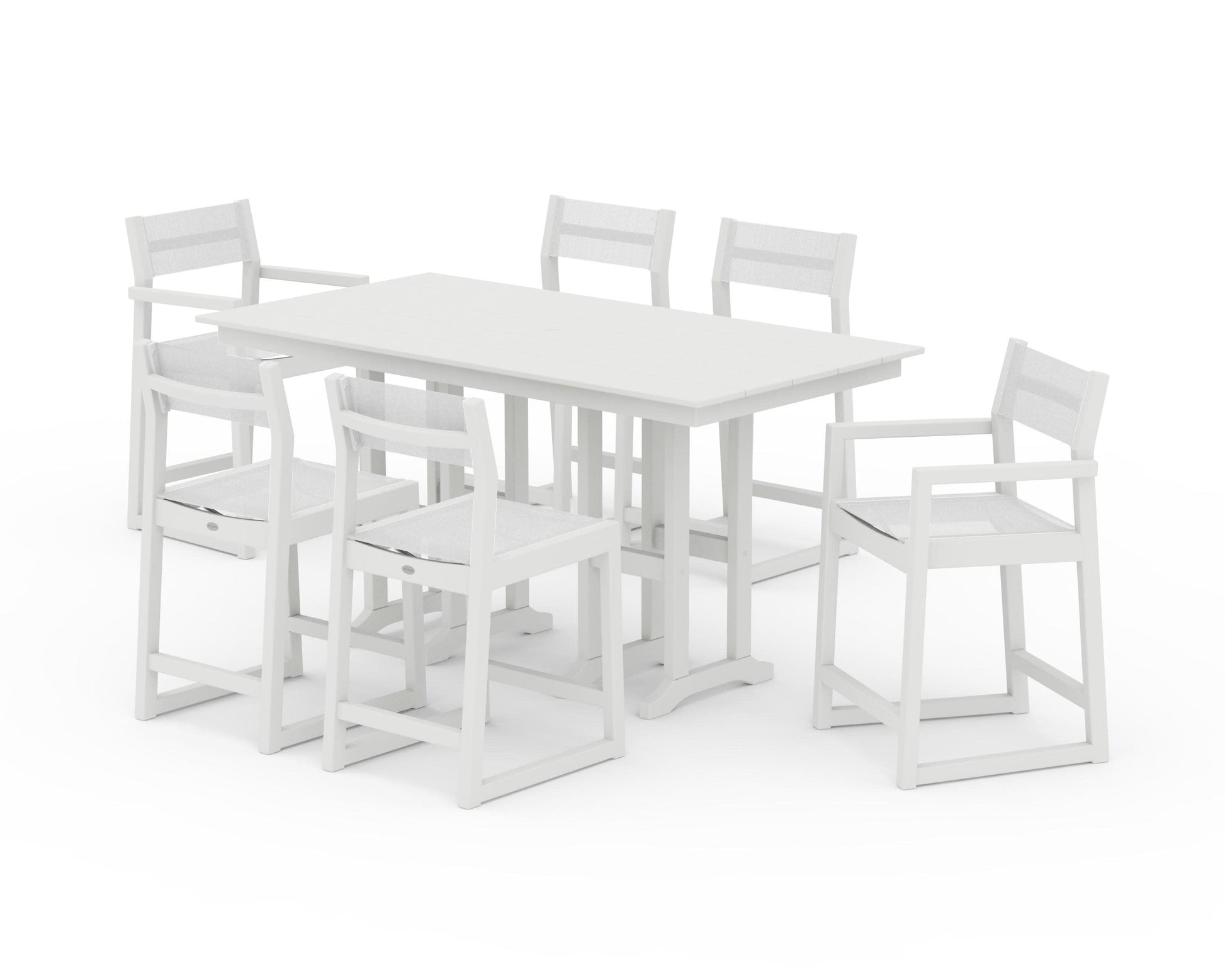 POLYWOOD EDGE Sling 7-Piece Farmhouse Counter Set with Trestle Legs — Vintage White / White Sling
