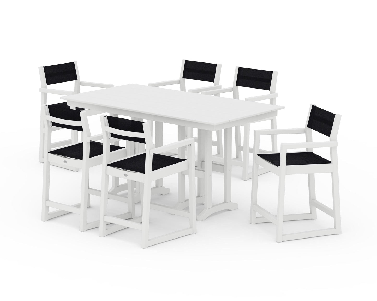 POLYWOOD EDGE Sling Arm Chair 7-Piece Farmhouse Counter Set — White / Black Sling