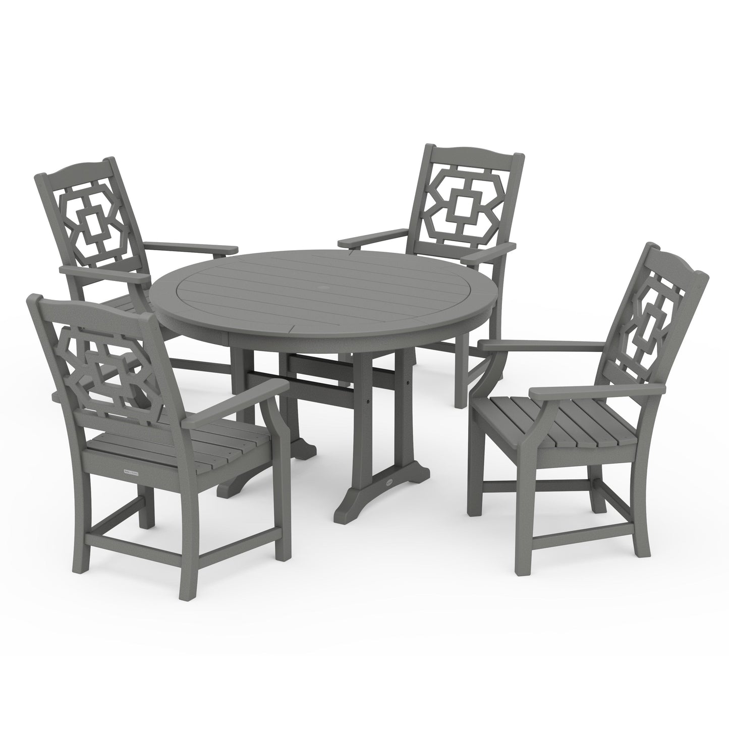 POLYWOOD Chinoiserie 5-Piece Round Dining Set with Trestle Legs — Slate Grey