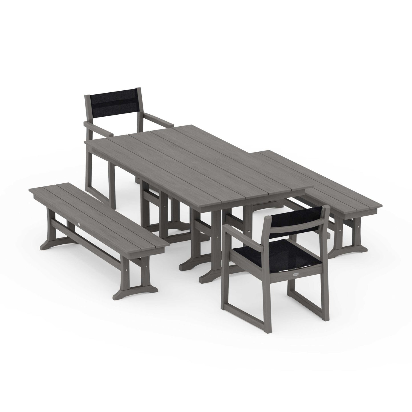 POLYWOOD EDGE Sling Arm Chair 5-Piece Farmhouse Dining Set with Benches — Driftwood / Black Sling
