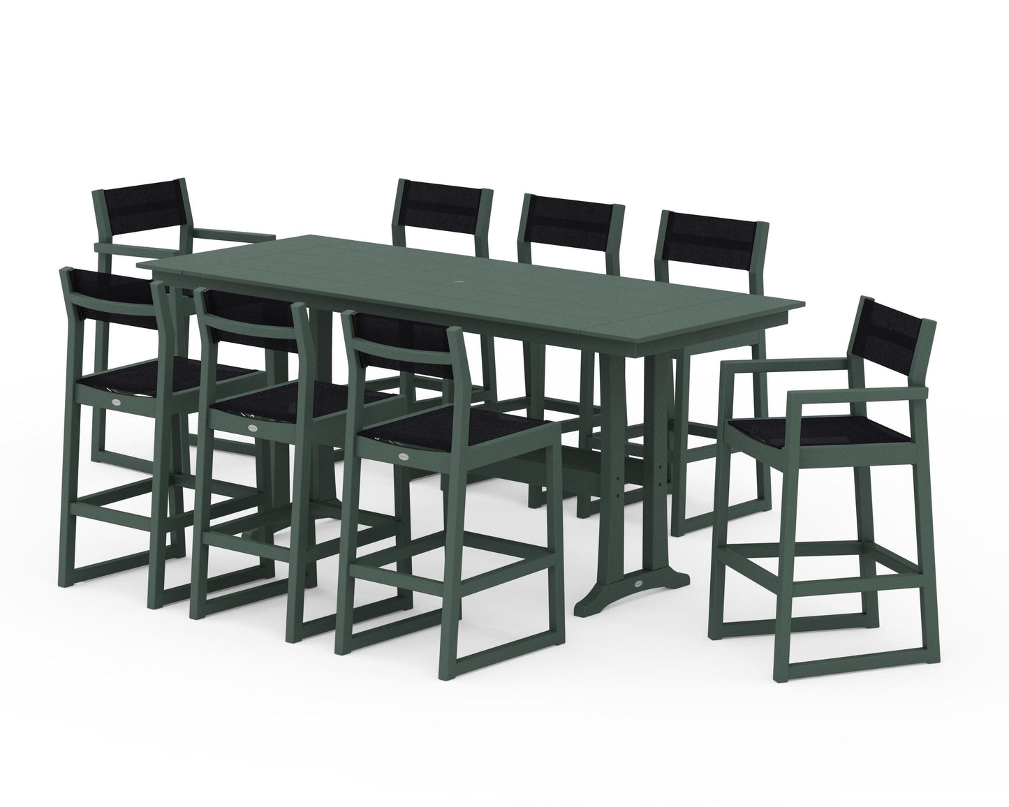 POLYWOOD EDGE Sling 9-Piece Farmhouse Bar Set with Trestle Legs — Green / Black Sling