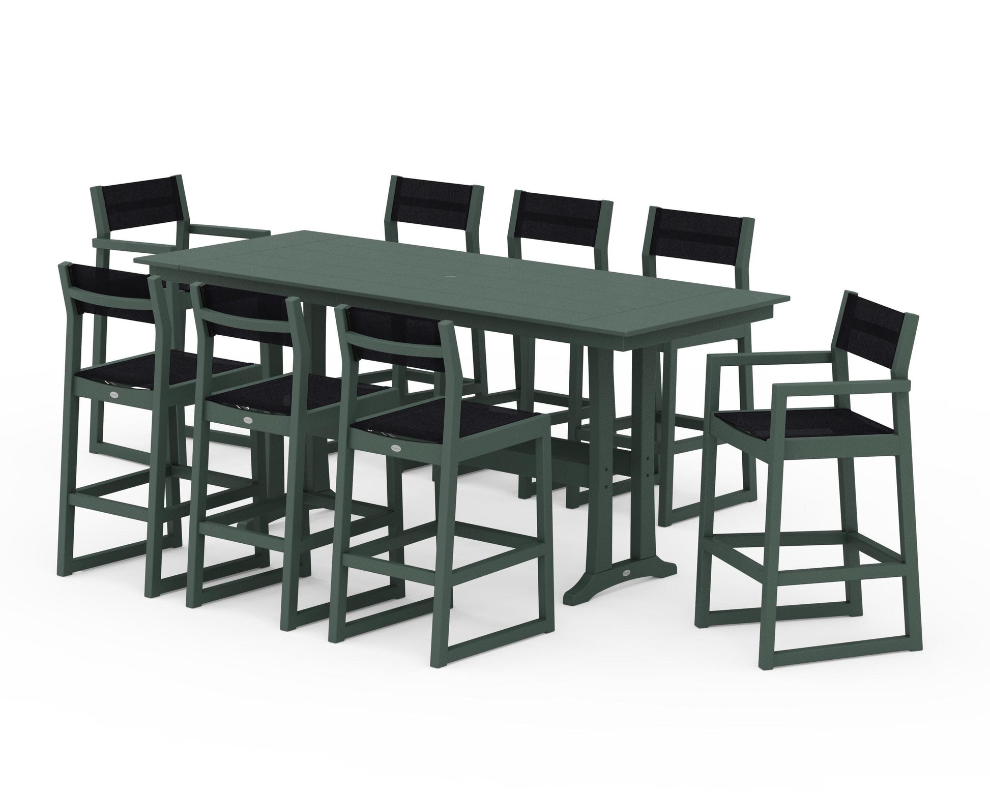 POLYWOOD EDGE Sling 9-Piece Farmhouse Bar Set with Trestle Legs — Green / Black Sling