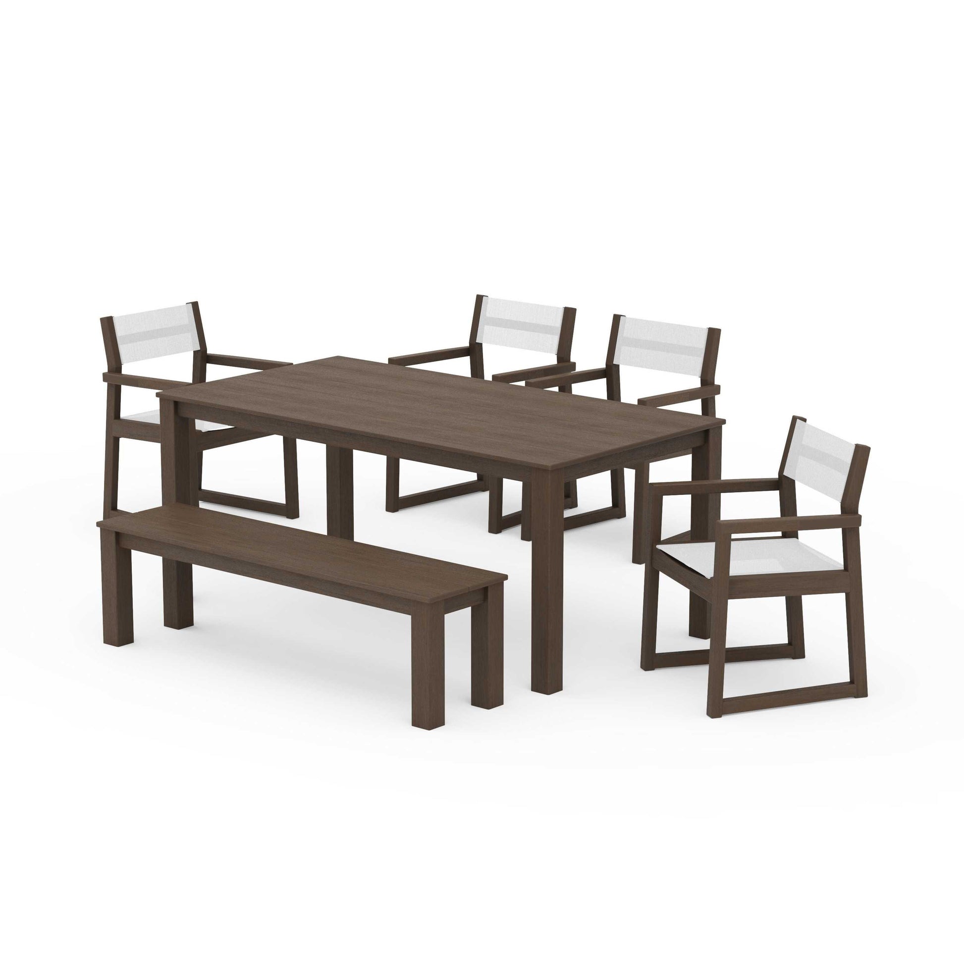 POLYWOOD EDGE Sling Arm Chair 6-Piece Parsons Dining Set with Bench — Kona / White Sling