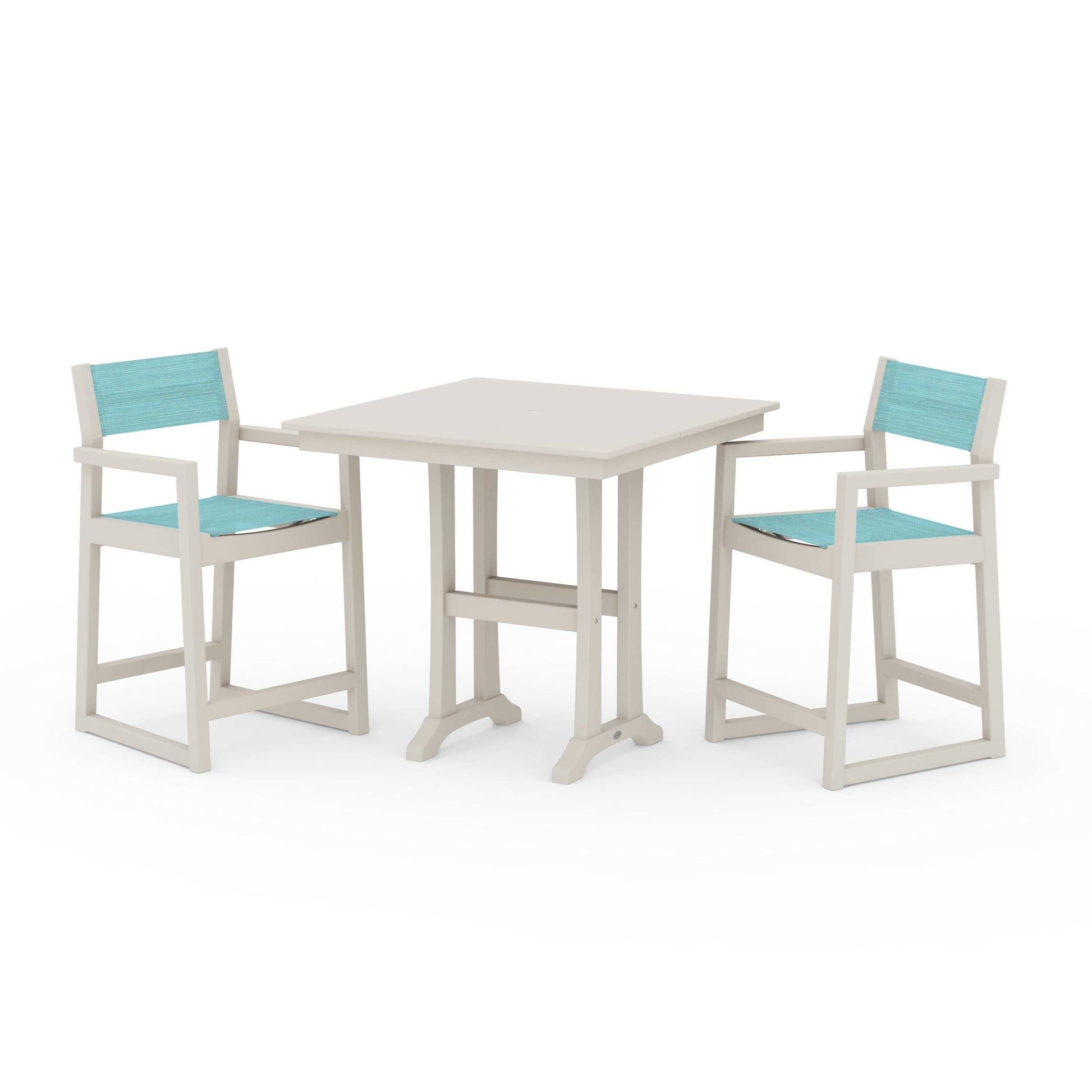 POLYWOOD EDGE Sling Arm Chair 3-Piece Farmhouse Counter Set with Trestle Legs — Sand / Dupioni Aquamarine Sling