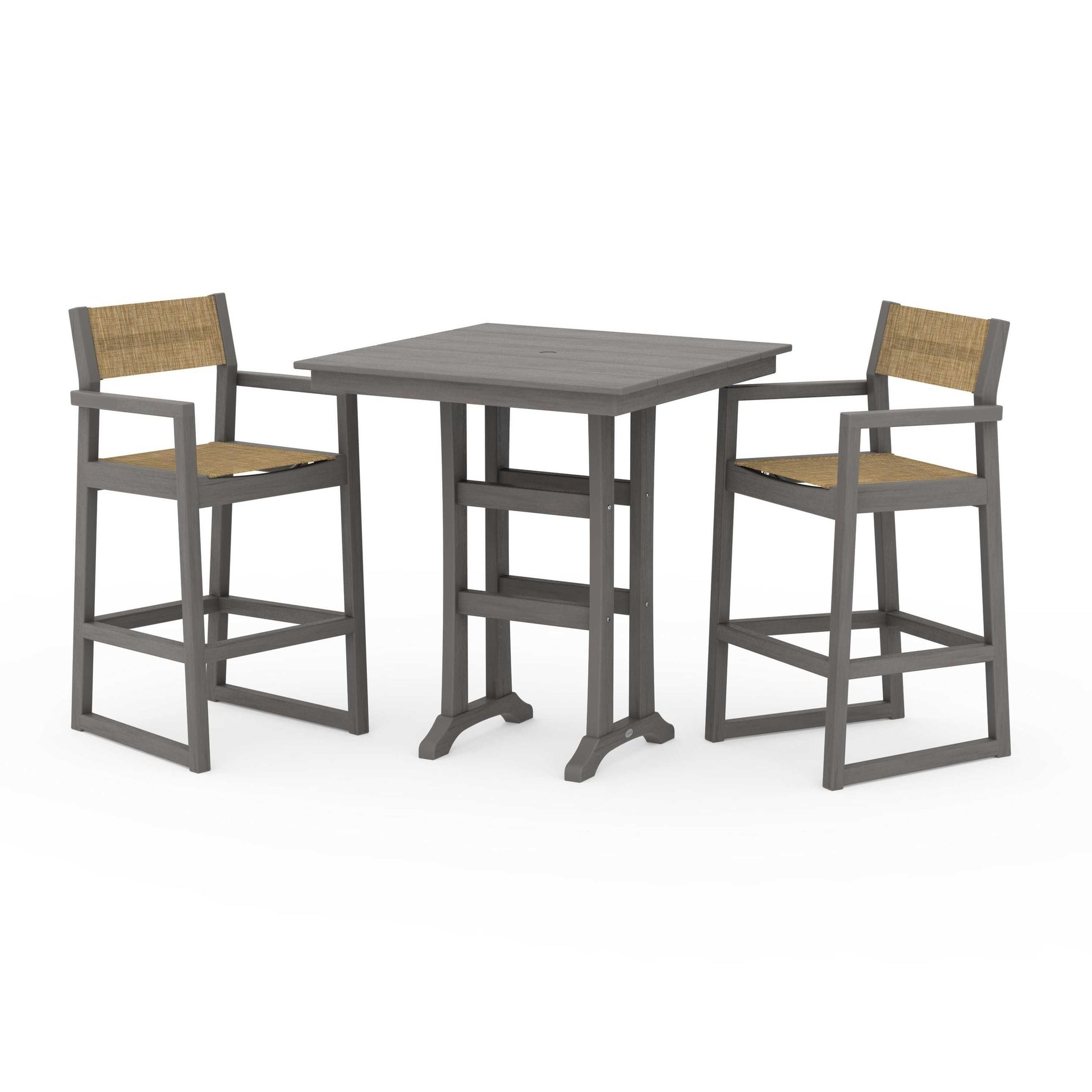 POLYWOOD EDGE Sling Arm Chair 3-Piece Farmhouse Bar Set with Trestle Legs — Driftwood / Burlap Sling