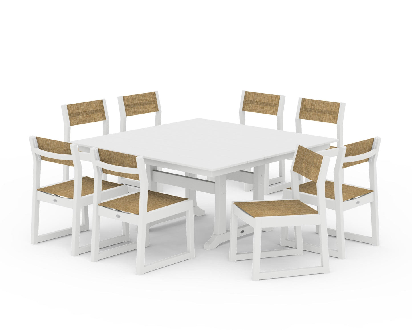 POLYWOOD EDGE Sling Side Chair 9-Piece Farmhouse Trestle Dining Set — White / Burlap Sling