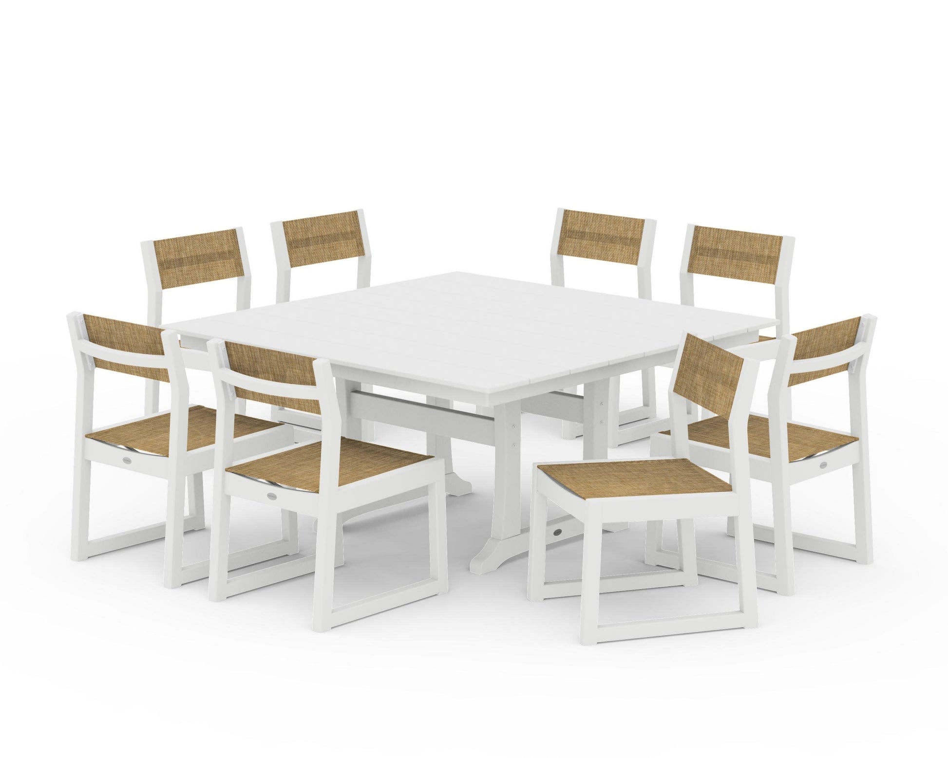 POLYWOOD EDGE Sling Side Chair 9-Piece Farmhouse Trestle Dining Set — White / Burlap Sling