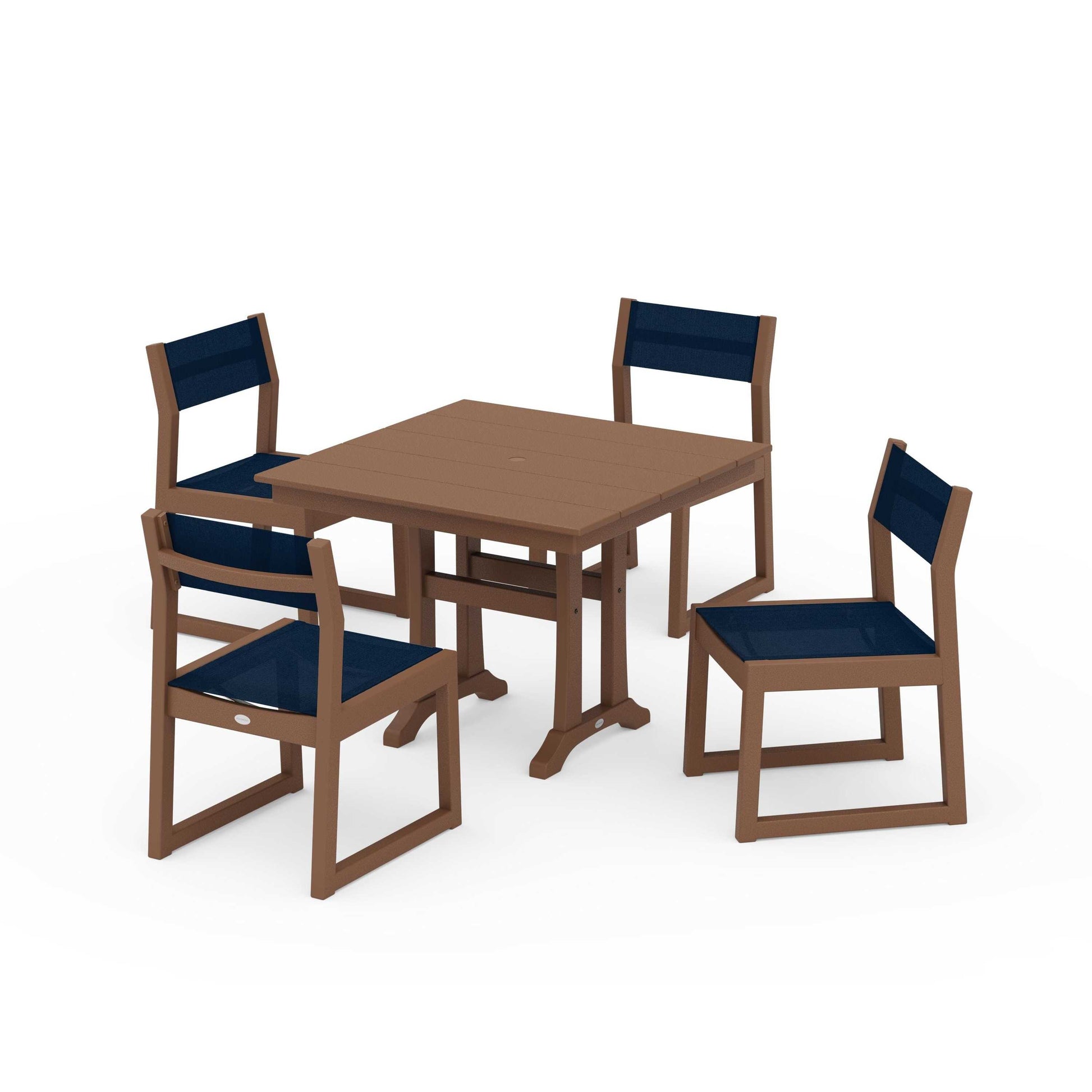 POLYWOOD EDGE Sling 5-Piece Farmhouse Trestle Side Chair Dining Set — Teak / Navy Blue Sling