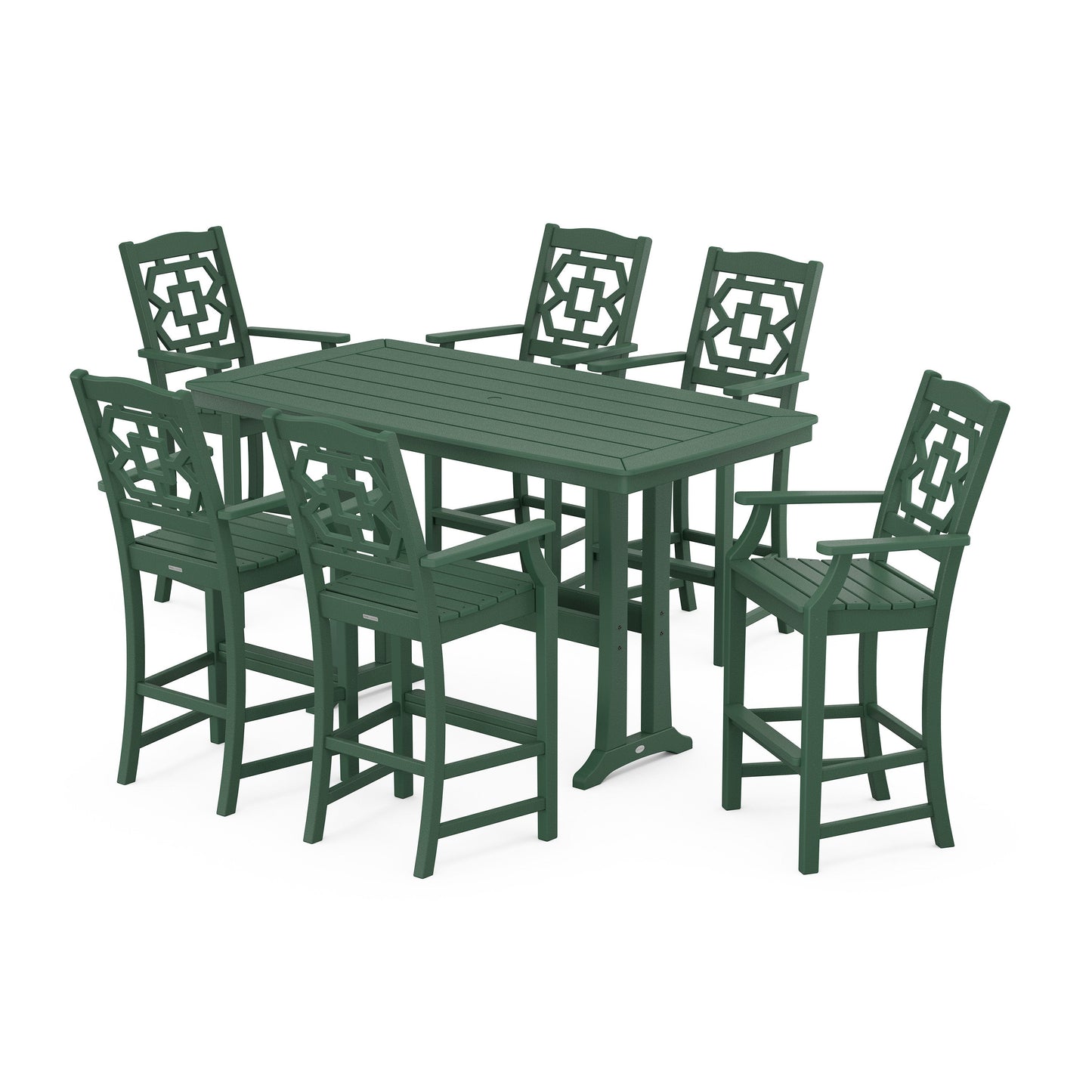 POLYWOOD Chinoiserie Arm Chair 7-Piece Bar Set with Trestle Legs — Green
