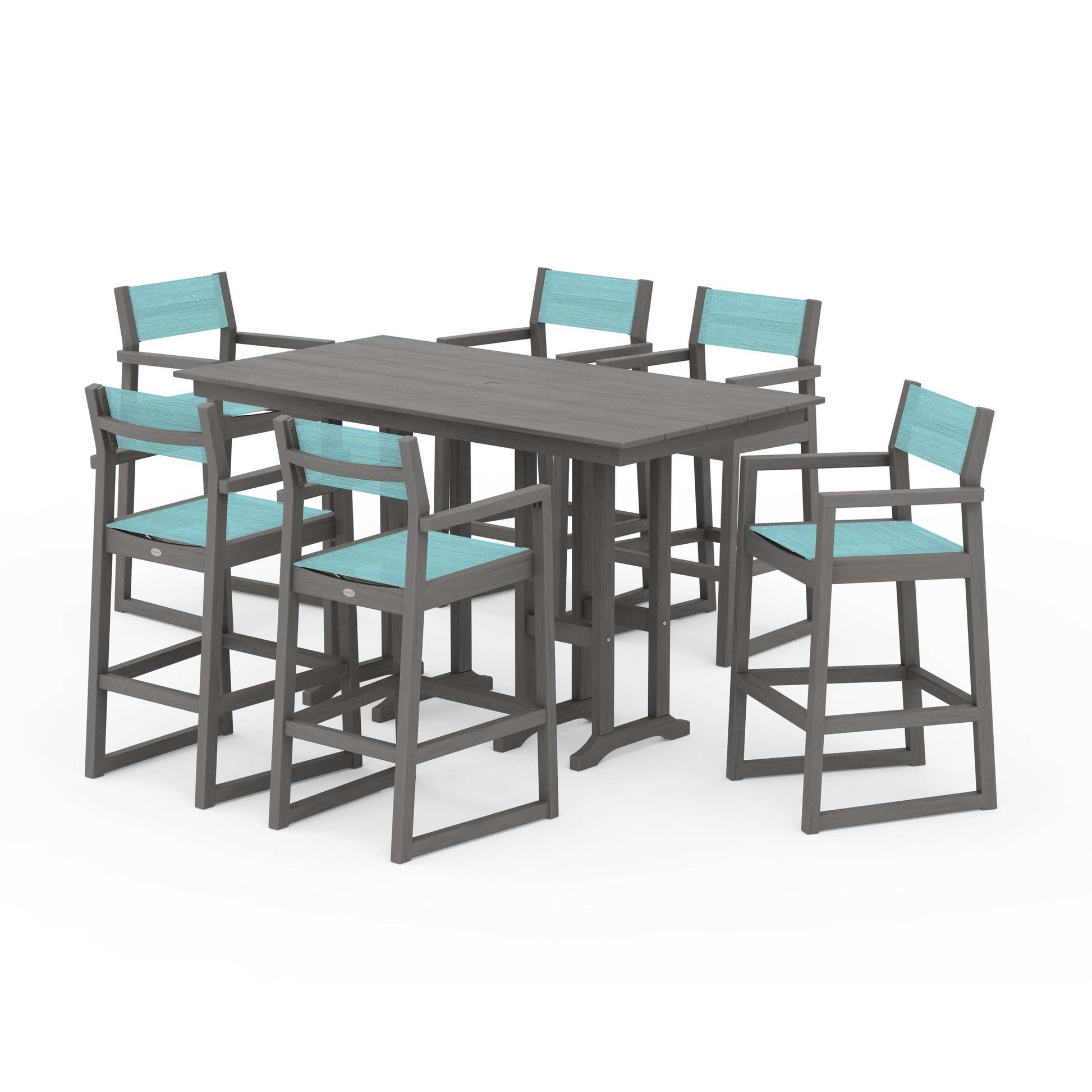 POLYWOOD EDGE Sling Arm Chair 7-Piece Farmhouse Bar Set — Driftwood / Dupioni Aquamarine Sling