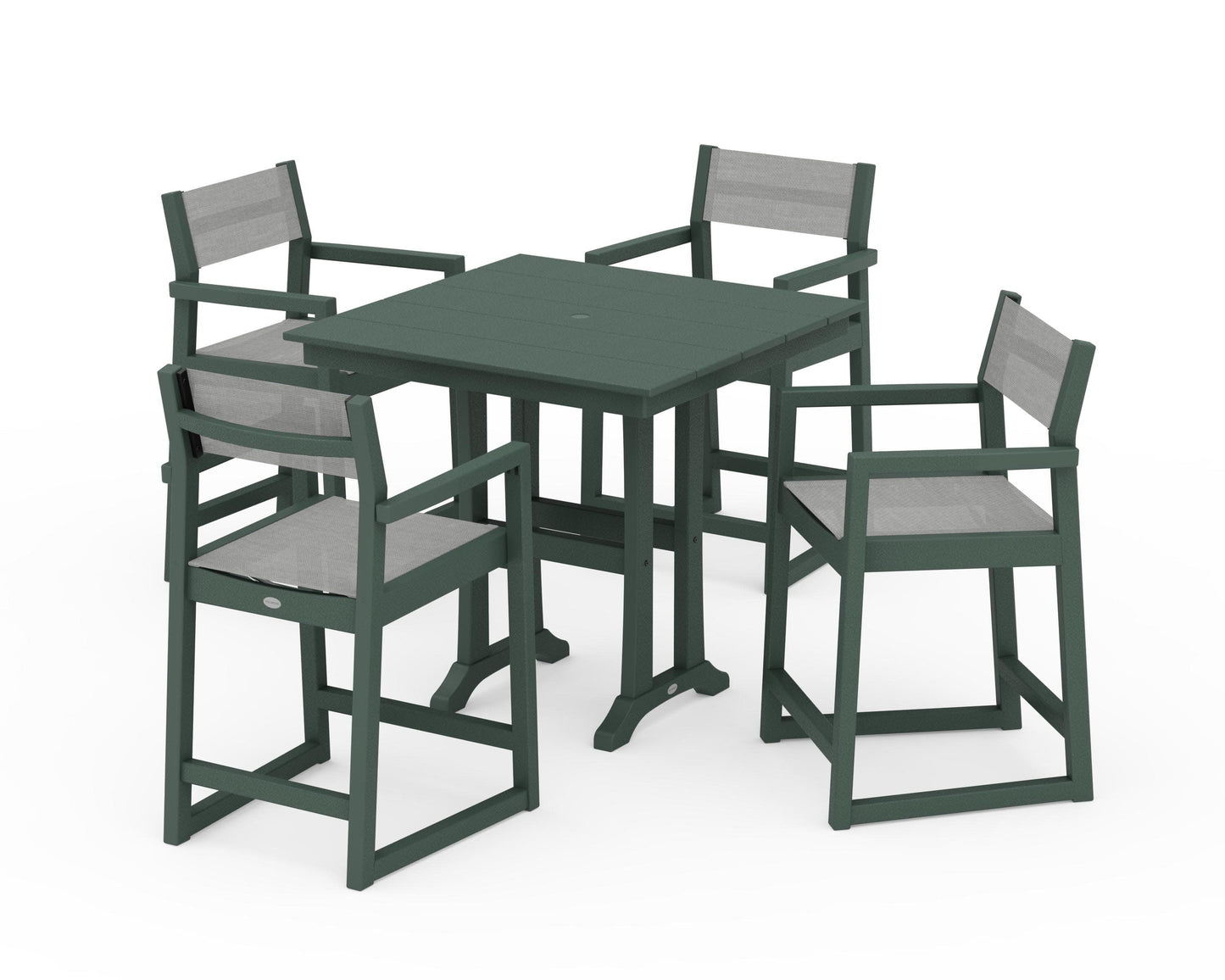 POLYWOOD EDGE Sling Arm Chair 5-Piece Farmhouse Counter Set with Trestle Legs — Green / Metallic Sling