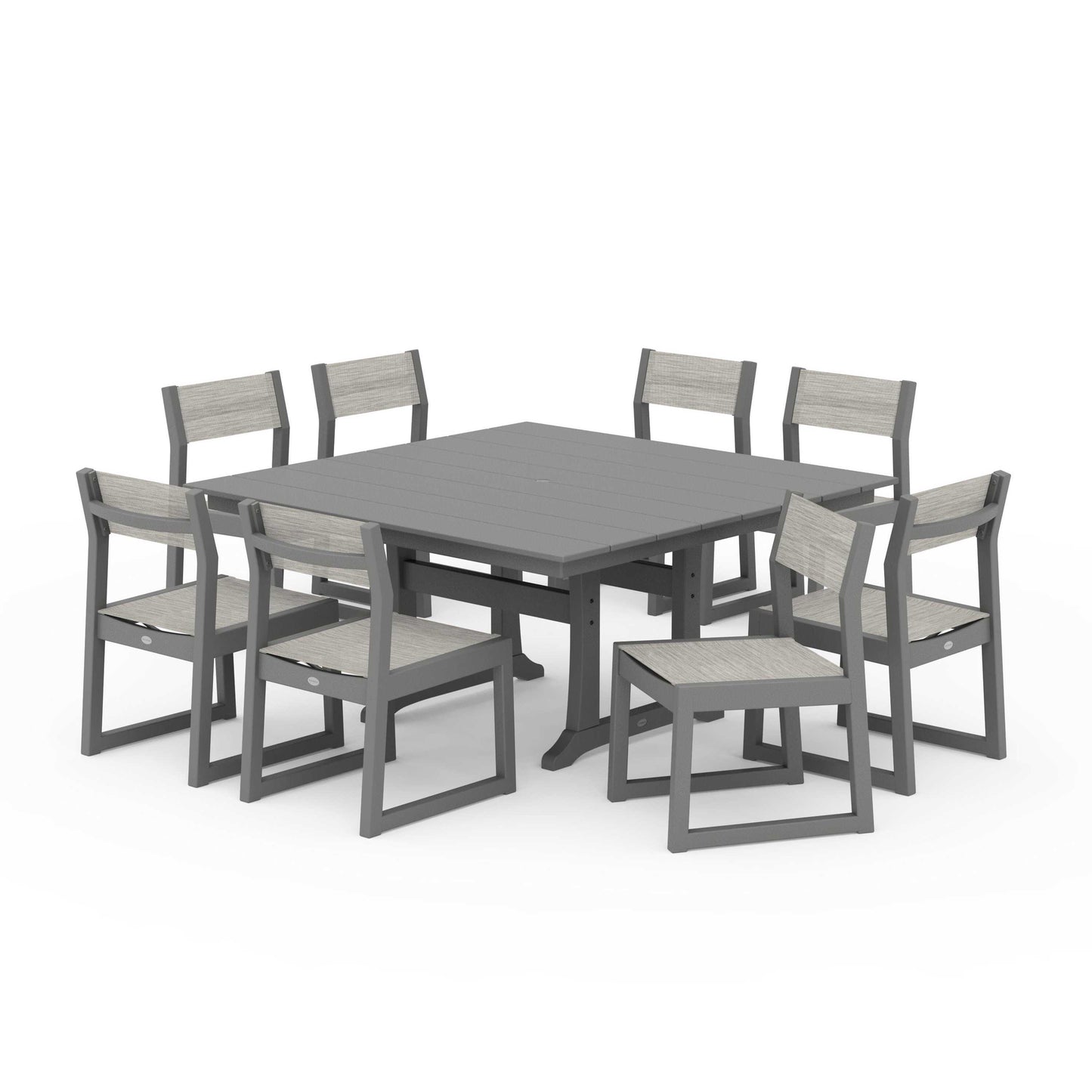 POLYWOOD EDGE Sling Side Chair 9-Piece Farmhouse Trestle Dining Set — Slate Grey / Birch Sling