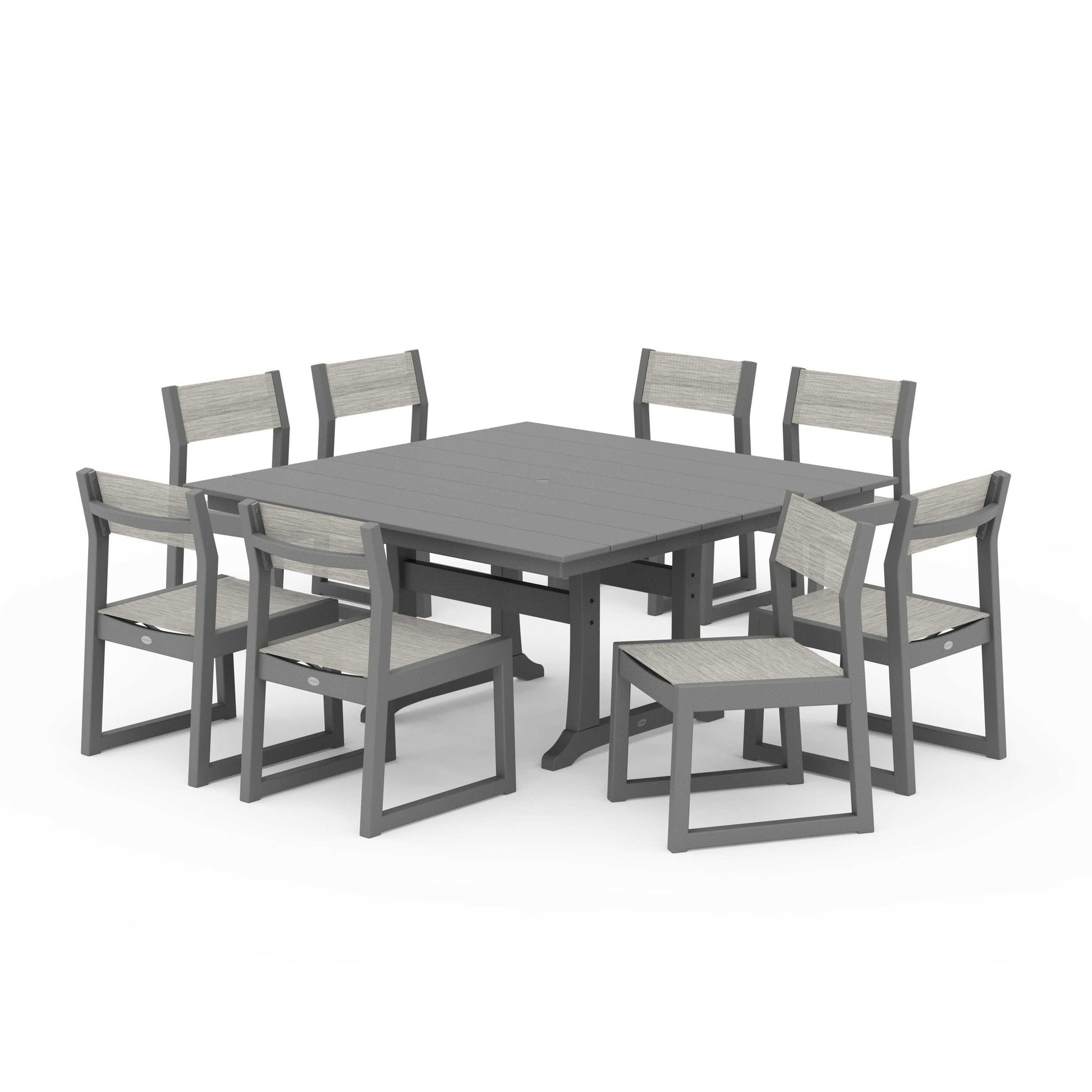 POLYWOOD EDGE Sling Side Chair 9-Piece Farmhouse Trestle Dining Set — Slate Grey / Birch Sling
