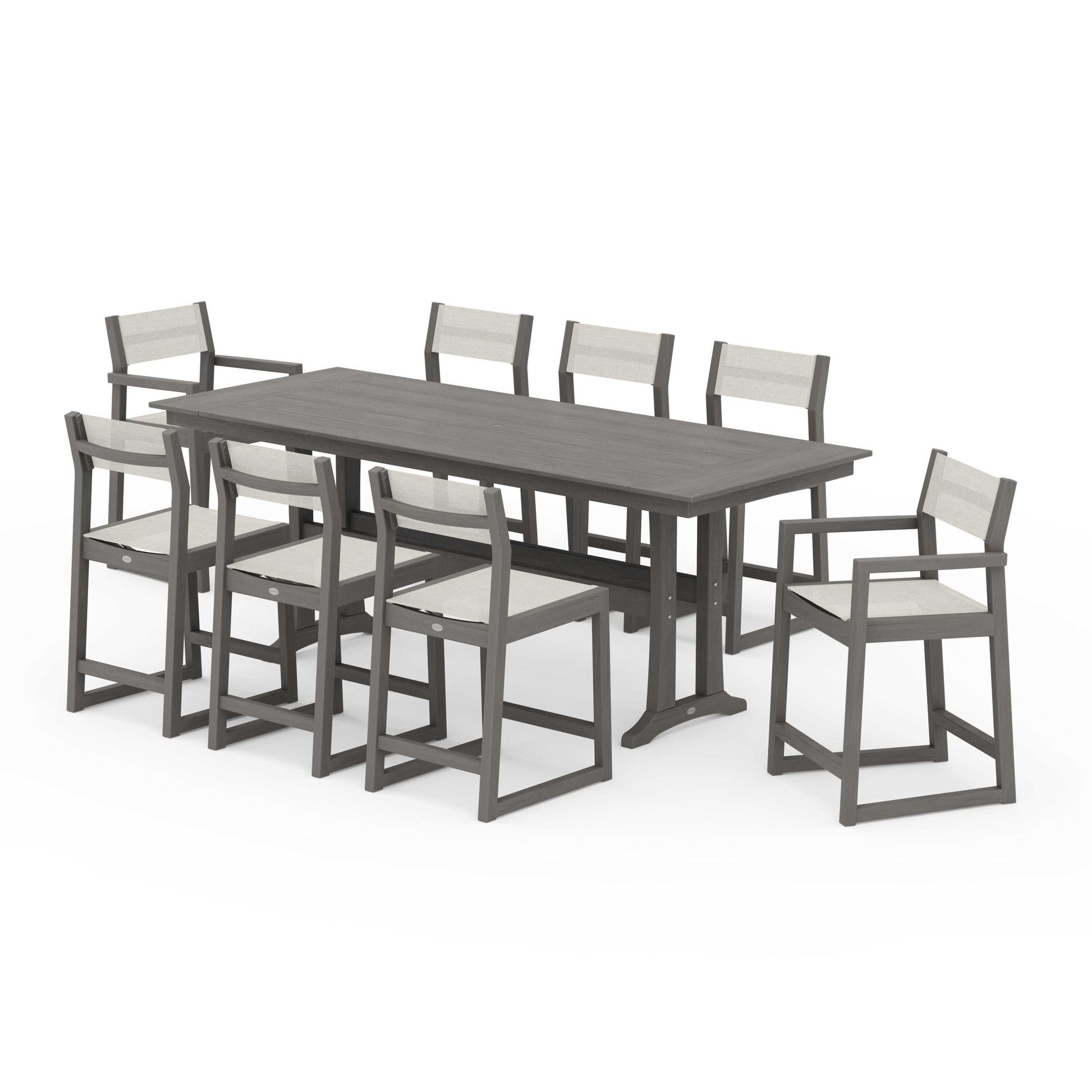 POLYWOOD EDGE Sling 9-Piece Farmhouse Counter Set with Trestle Legs — Driftwood / Parchment Sling