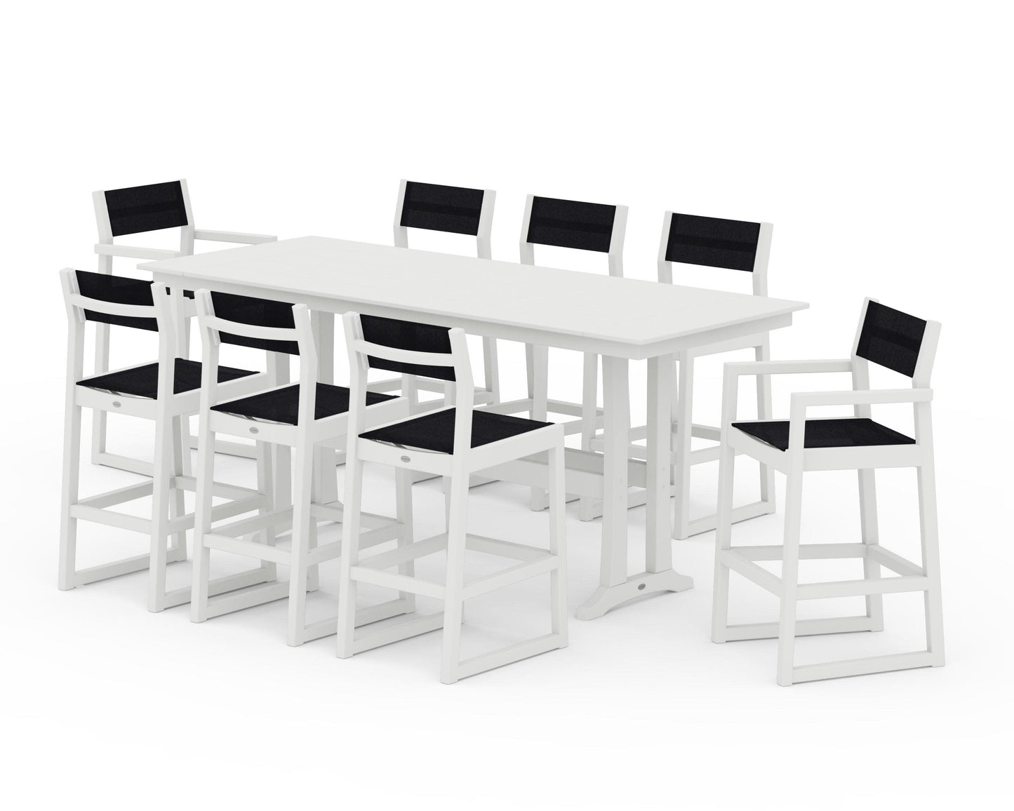 POLYWOOD EDGE Sling 9-Piece Farmhouse Bar Set with Trestle Legs — Vintage White / Black Sling