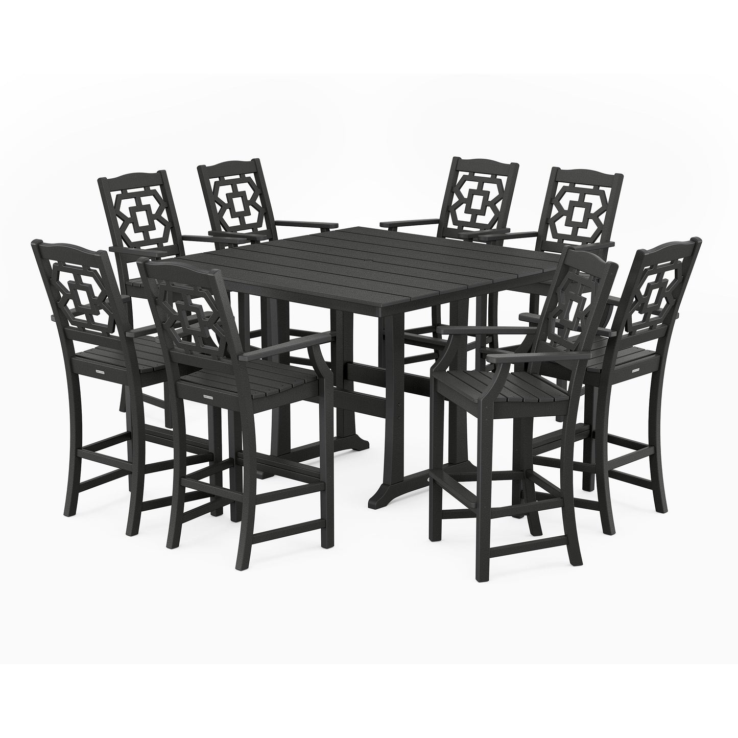 POLYWOOD Chinoiserie 9-Piece Square Farmhouse Bar Set with Trestle Legs — Black