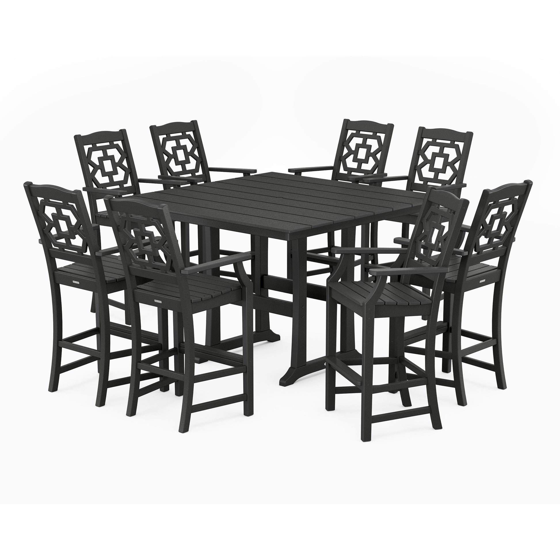 POLYWOOD Chinoiserie 9-Piece Square Farmhouse Bar Set with Trestle Legs — Black