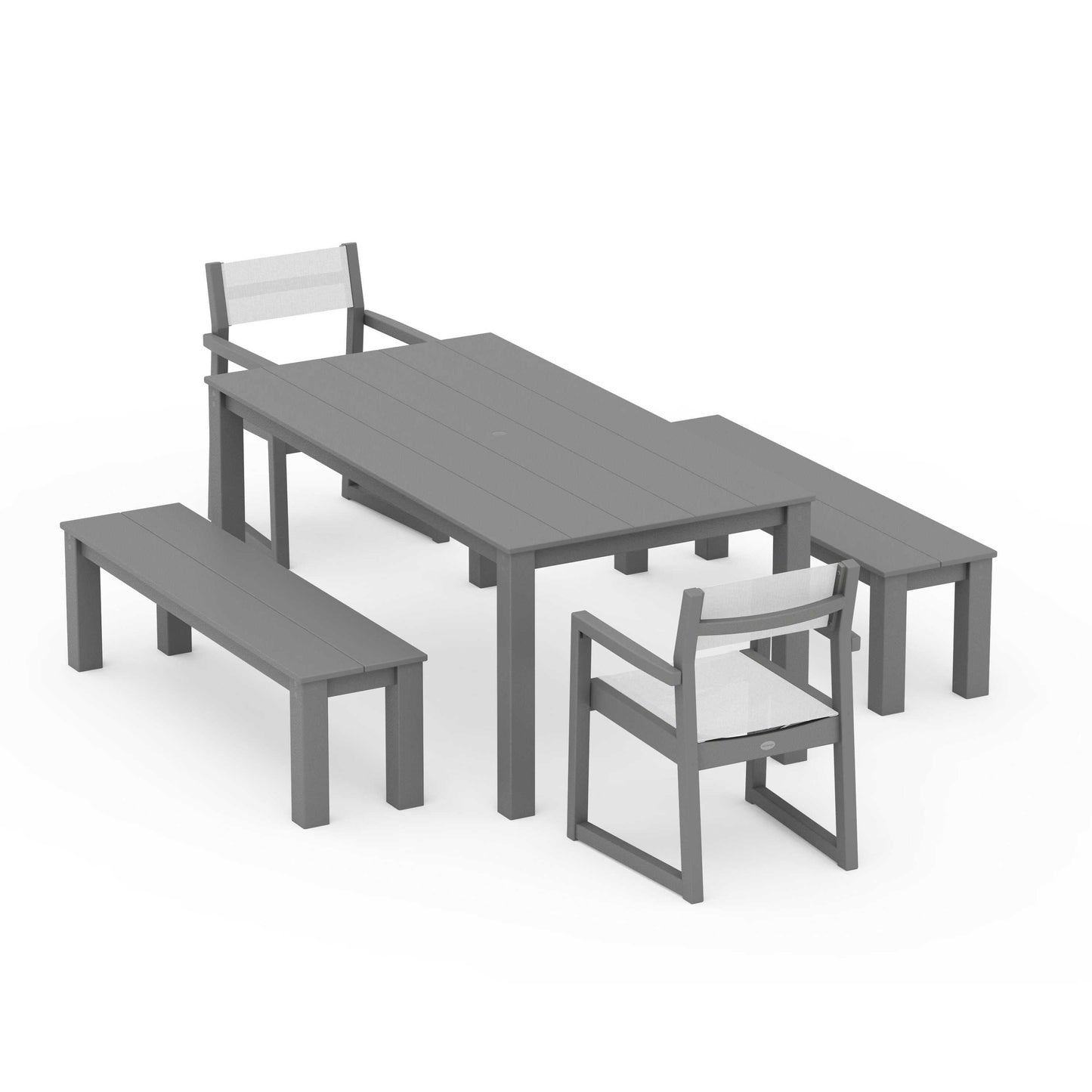 POLYWOOD EDGE Sling Arm Chair 5-Piece Parsons Dining Set with Benches — Slate Grey / White Sling