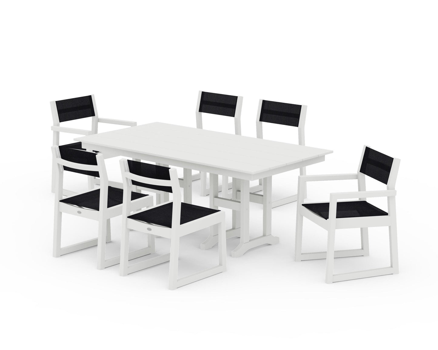 POLYWOOD EDGE Sling 7-Piece Farmhouse Dining Set — Vintage White / Black Sling
