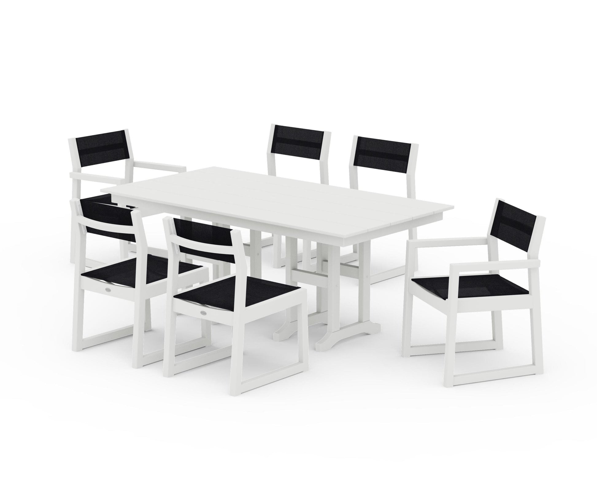 POLYWOOD EDGE Sling 7-Piece Farmhouse Dining Set — Vintage White / Black Sling