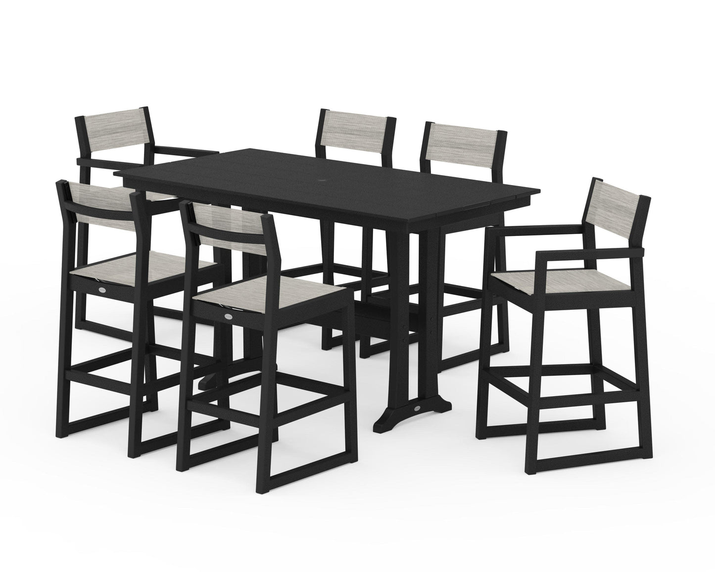 POLYWOOD EDGE Sling 7-Piece Farmhouse Bar Set with Trestle Legs — Black / Birch Sling