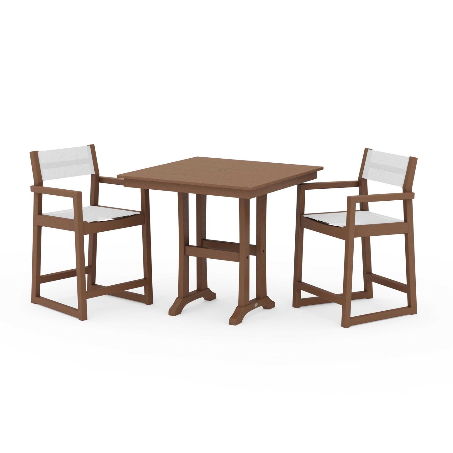 POLYWOOD EDGE Sling Arm Chair 3-Piece Farmhouse Counter Set with Trestle Legs — Teak / White Sling