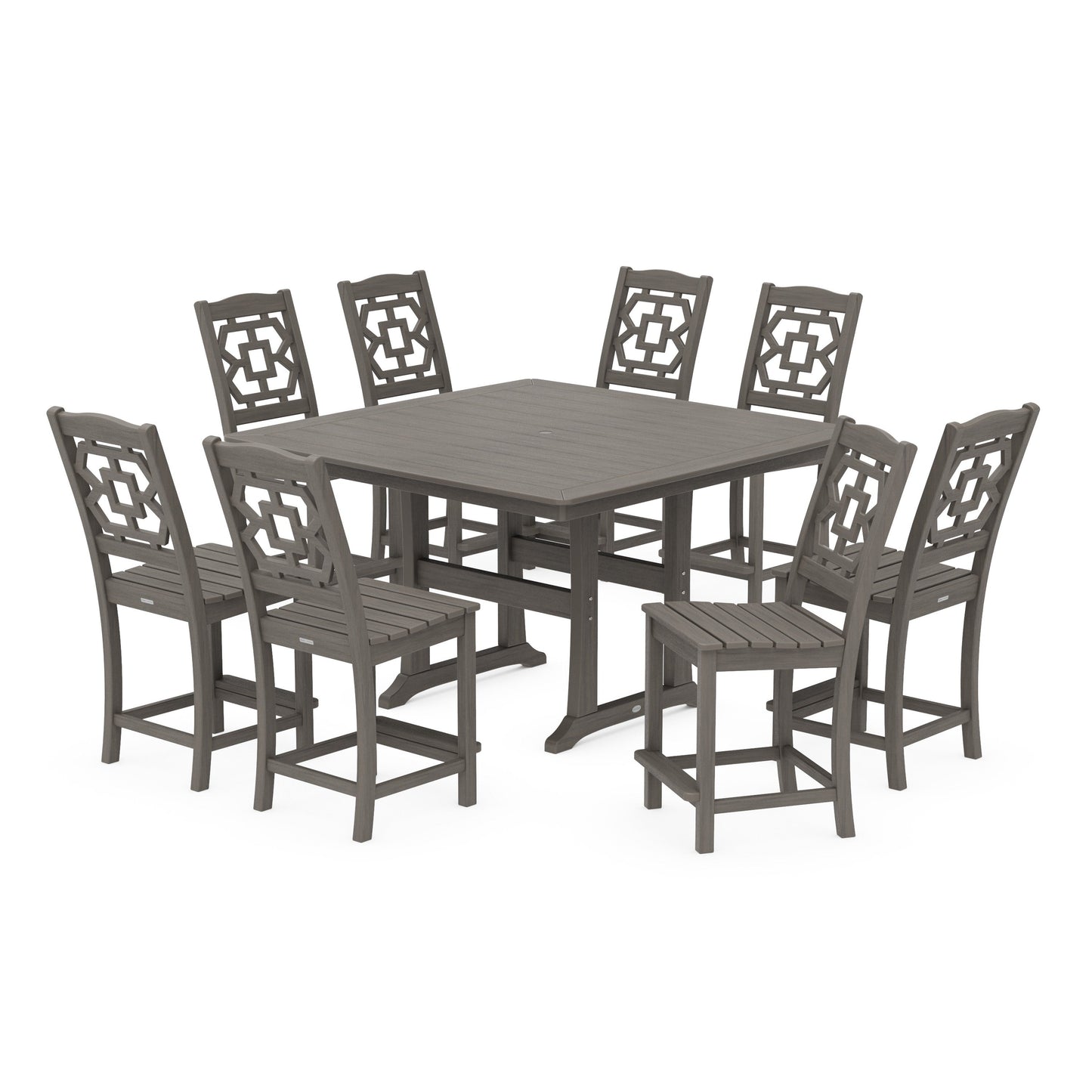 POLYWOOD Chinoiserie 9-Piece Square Side Chair Counter Set with Trestle Legs — Driftwood
