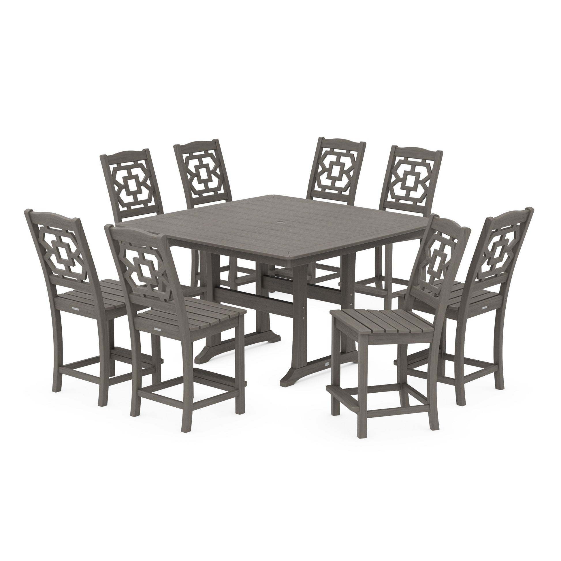 POLYWOOD Chinoiserie 9-Piece Square Side Chair Counter Set with Trestle Legs — Driftwood