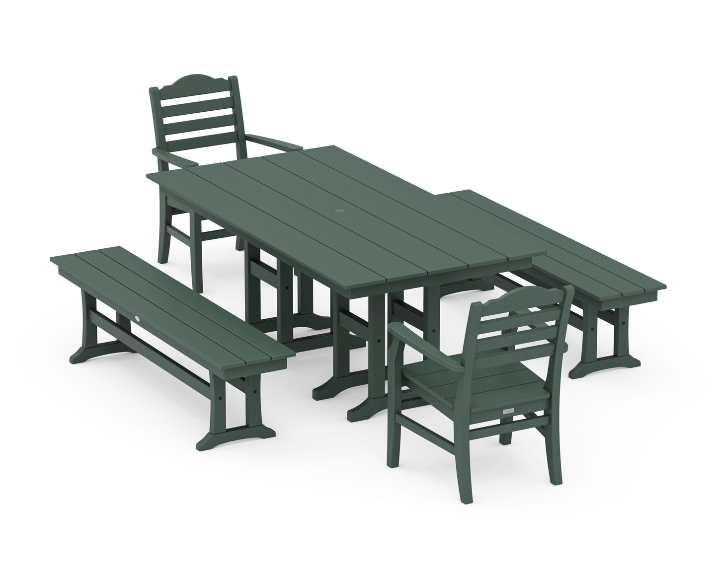 POLYWOOD Savannah 5-Piece Farmhouse Dining Set with Benches — Green