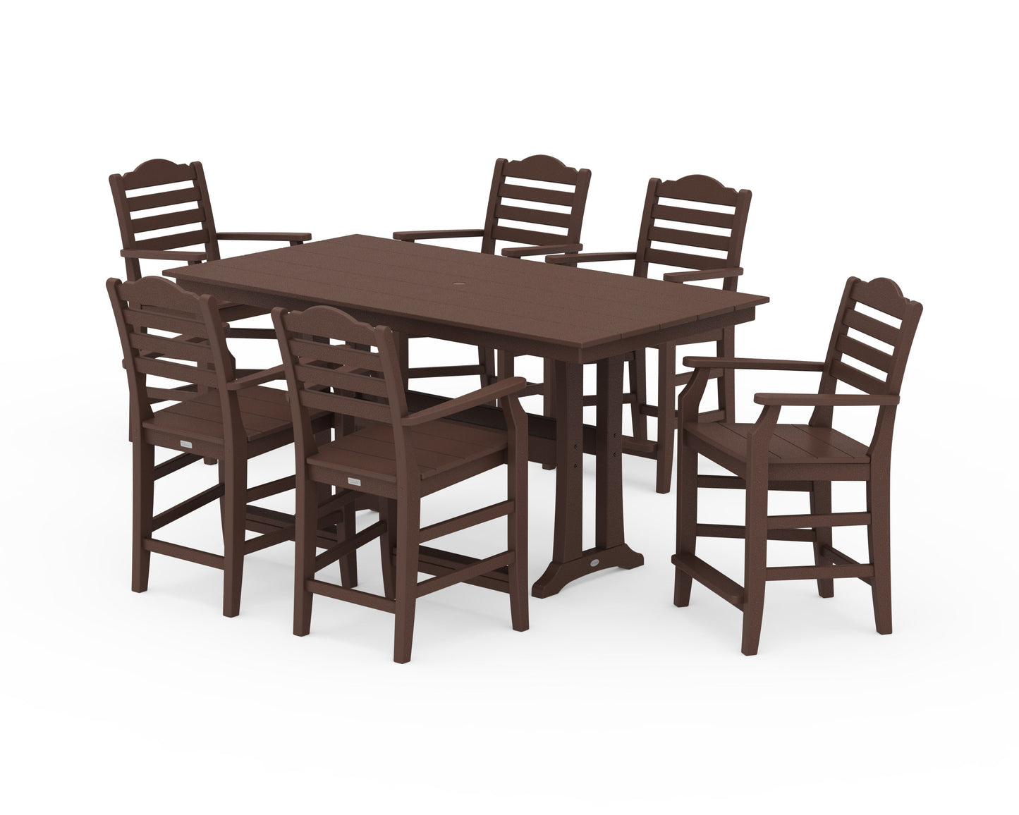 POLYWOOD Savannah Arm Chair 7-Piece Farmhouse Counter Set with Trestle Legs — Mahogany