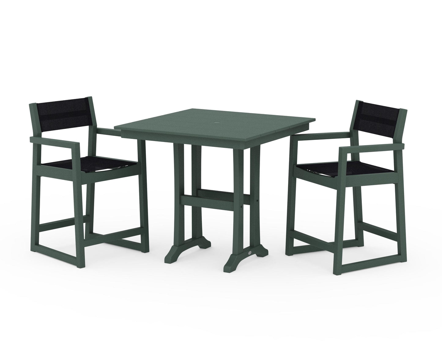 POLYWOOD EDGE Sling Arm Chair 3-Piece Farmhouse Counter Set with Trestle Legs — Green / Black Sling