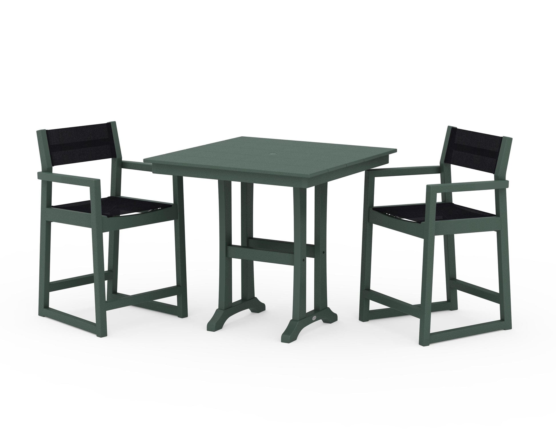 POLYWOOD EDGE Sling Arm Chair 3-Piece Farmhouse Counter Set with Trestle Legs — Green / Black Sling