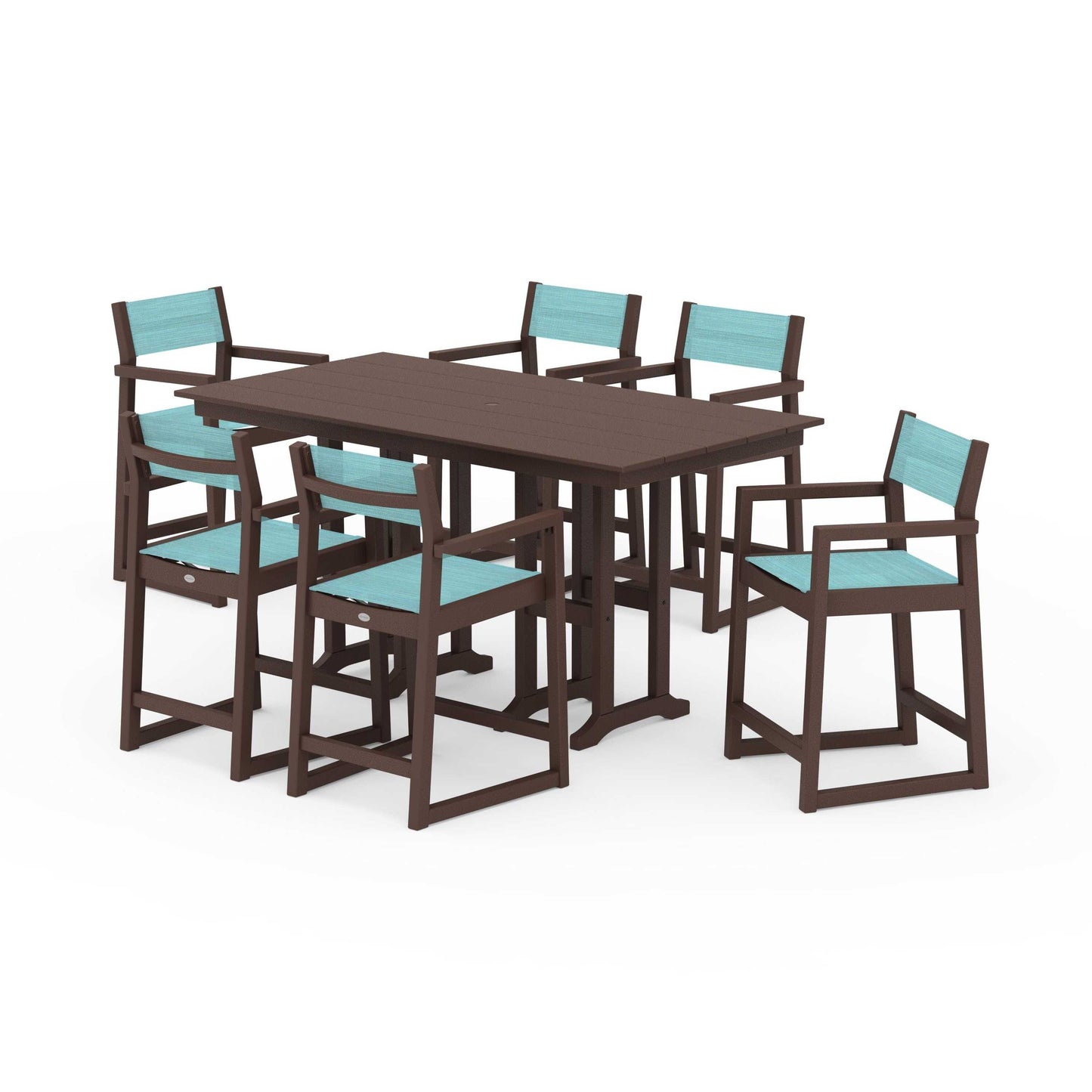 POLYWOOD EDGE Sling Arm Chair 7-Piece Farmhouse Counter Set — Mahogany / Dupioni Aquamarine Sling