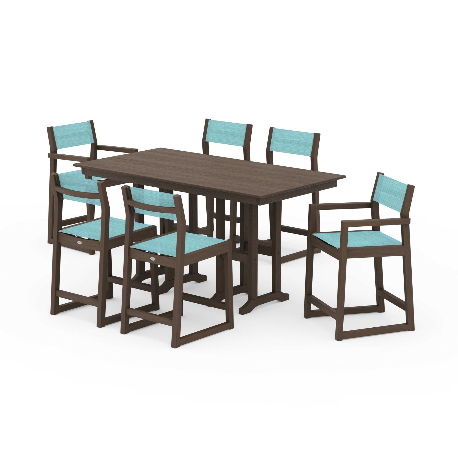POLYWOOD EDGE Sling 7-Piece Farmhouse Counter Set with Trestle Legs — Kona / Dupioni Aquamarine Sling